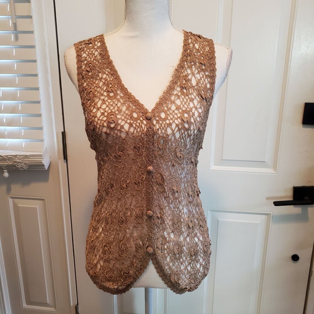 Vintage‎ Lisa Crochet Cardigan Vest Womens Small Mocha Brown Boho Festival